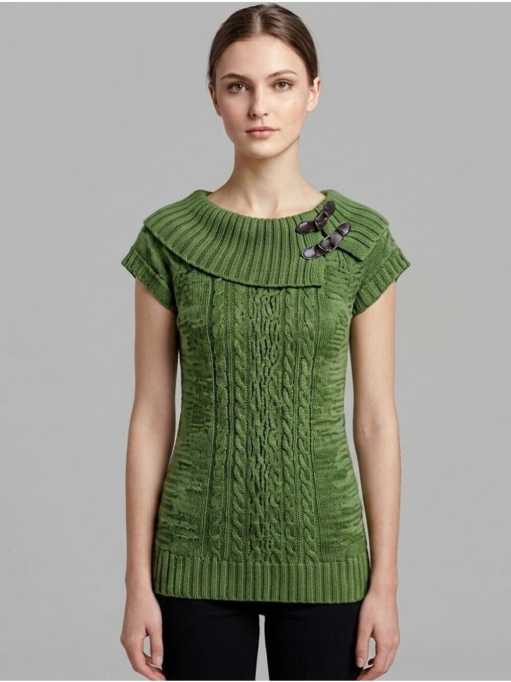 Isela Cable Knit Cap Sleeve Tunic Sweater Womens S Moss Green Academic Layer